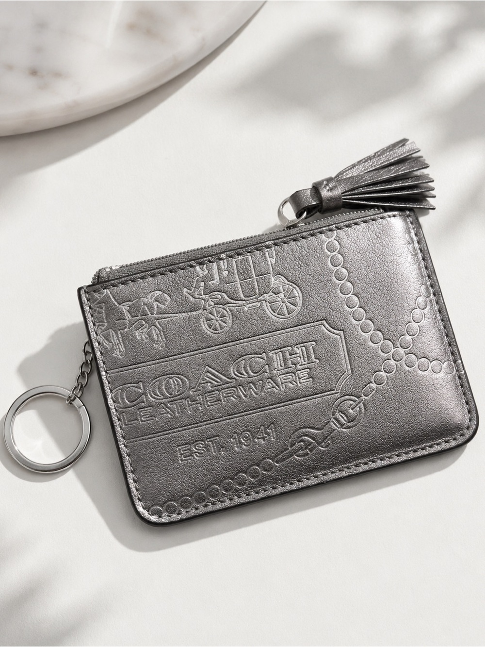 Coach Metallic Silver Leatherware Embossed Key Card Holder Tassel Boho Luxe Y2K